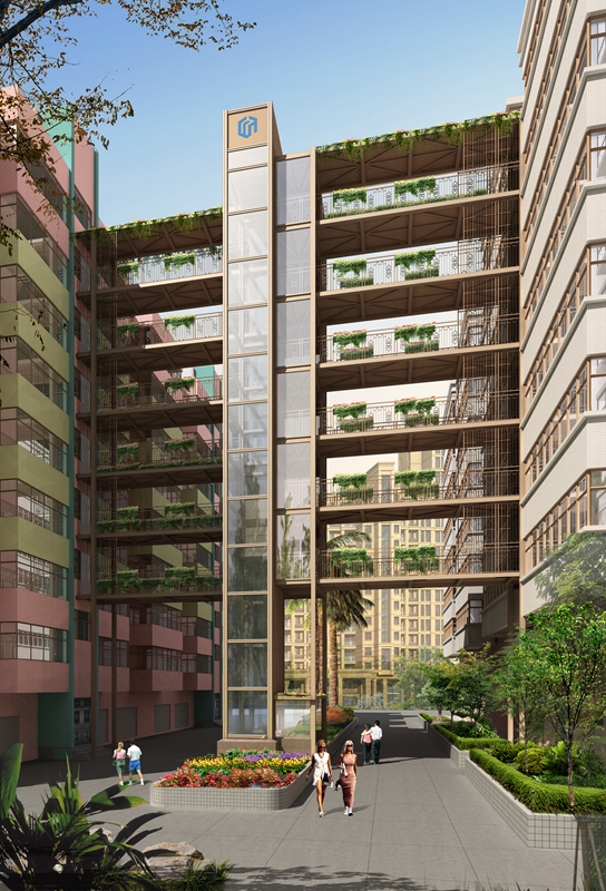 广州武警医院景晖苑小区A2-B1加建电梯（角度一）玻璃